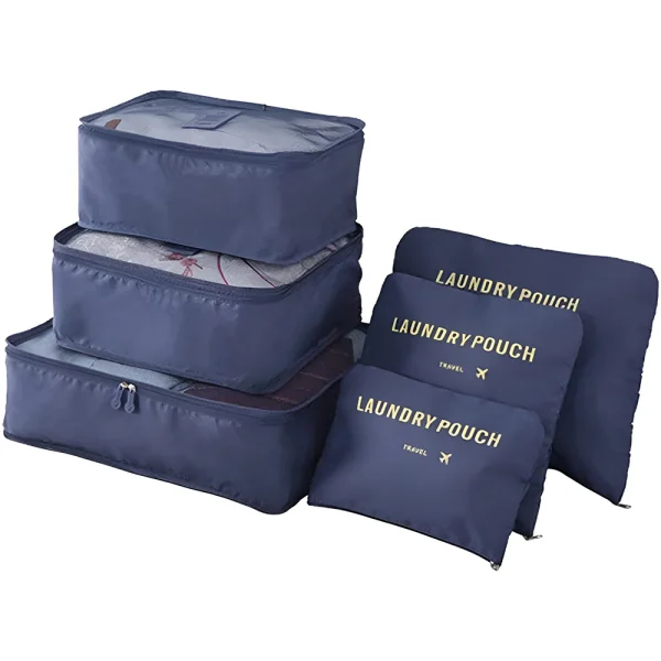 Set 6 Organizatoare , pentru calatorie, diferite marimi, bagaj de voiaj, valiza, troler, genti, haine, accesorii, inchidere cu fermoar dublu, plasa, albastru inchis