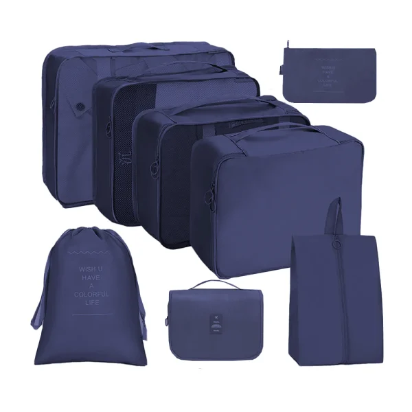 Set 8 Organizatoare , pentru calatorie, diferite marimi, 3 genti cu plasa, 1 geanta pentru lenjerie, geanta pentru cosmetice, sac pentru hainele murdare, inchidere cu fermoar dublu, plasa, albastru inchis