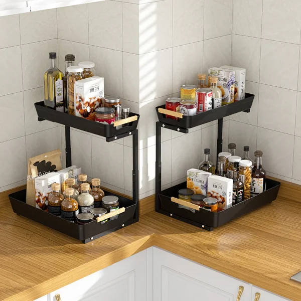 Organizator pentru bucatarie sau baie cu 2 rafturi retractabile, inaltime ajustabila, depozitare condimente/cafea, 39.5 (L) x 30 (l) x 41.5 (H) cm, negru