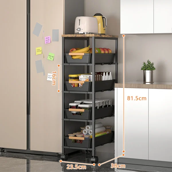 Raft slim portabil cu 5 nivele, 4 rafturi retractabile si 1 polita din MDF, rotativ 360°, 38 (L) x 23.5 (l) x 81.5 (H) cm, negru