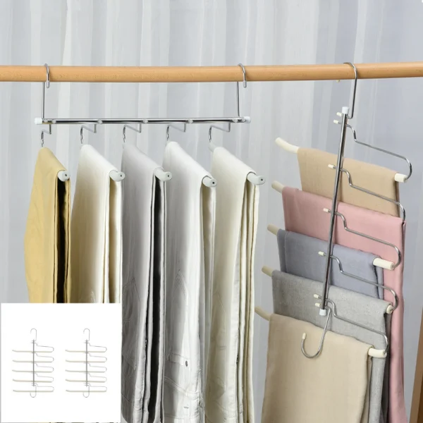 Set 2 umerase organizator pentru pantaloni, 5 suporturi, otel inoxidabil cu spuma EVA, bej