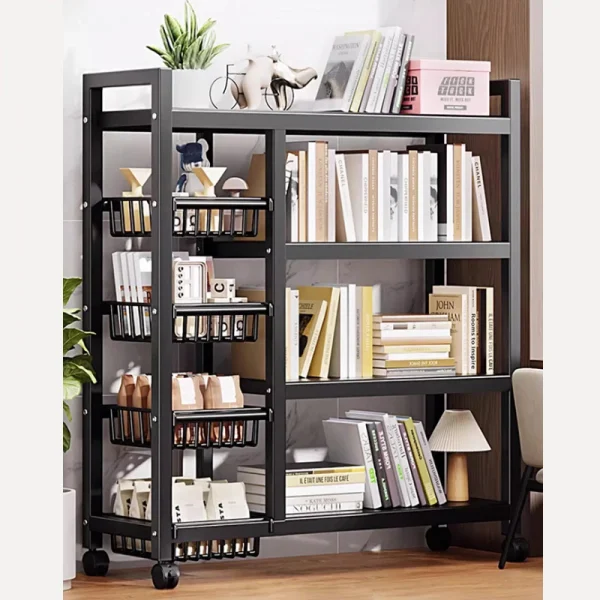 Raft metalic cu 4 polite si 3 cosuri pentru depozitare, portabil, 90 (L) x 32 (l) x 108 (H) cm, negru