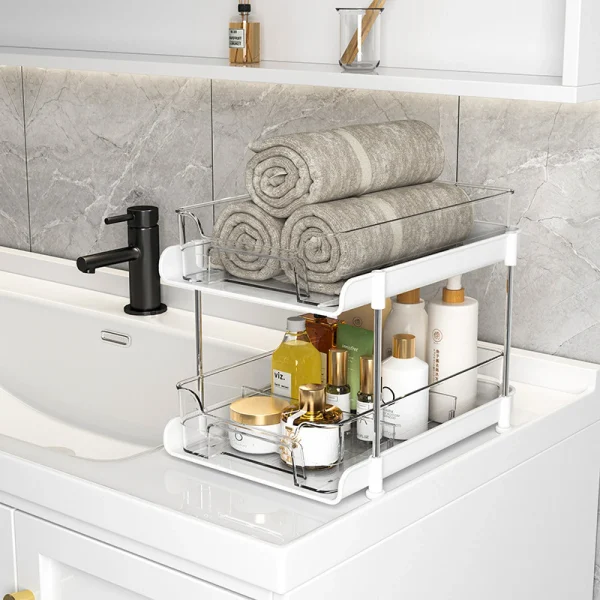 Suport cu 2 rafturi retractabile, 2 nivele si 6 compartimente de depozitare, 29 (L) x 20 (l) x 23 (H) cm, alb