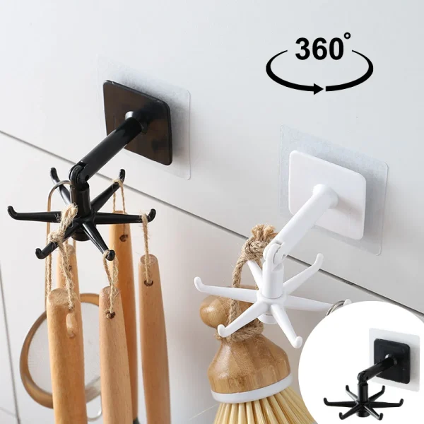 Suport autoadeziv de tip cuier, 6 carlige multifunctionale rotative 360°, 11 x 7 x 2.5 cm, negru