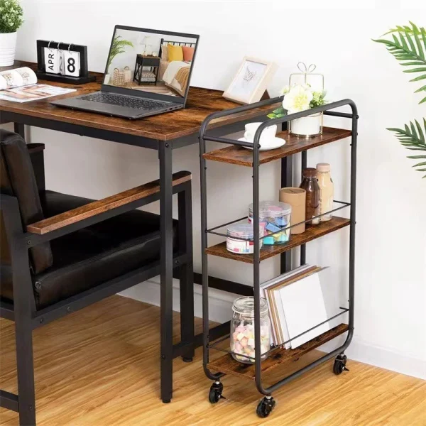 Raft slim cu 3 polite MDF si structura metalica, rotativ 360°, 50 x 20 x 81 cm, negru cu maro