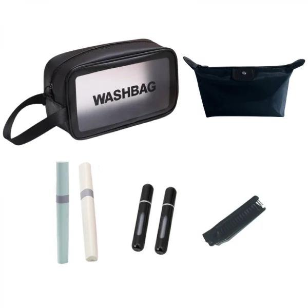 Set organizatoare voiaj 5 in 1, 2 genti cosmetice, recipient reincarcabil parfum, toc periuta de dinti, pieptene pliabil
