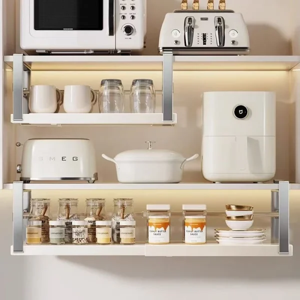 Raft suspendat pentru condimente, extensibil 45.5 - 62.5 cm, metal cu inox, 45.5-62.5 x 22 x 16.5 cm, alb cu argintiu