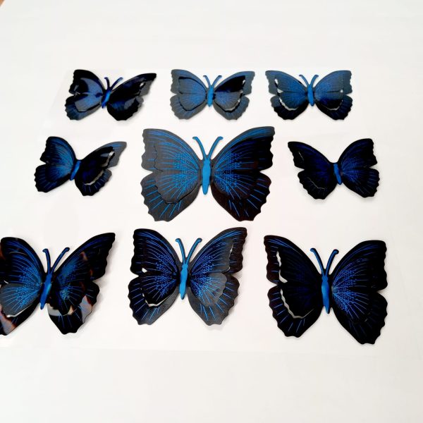 Set 9 Stickere Decorative 3D Fluturi albastru/negru, 3 Dimensiuni, pentru Decorare Perete