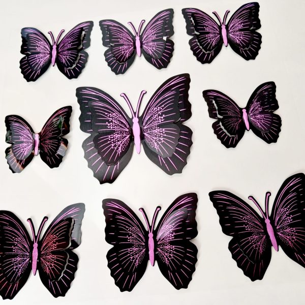 Set 9 Stickere Decorative 3D Fluturi mov/negru, 3 Dimensiuni, pentru Decorare Perete