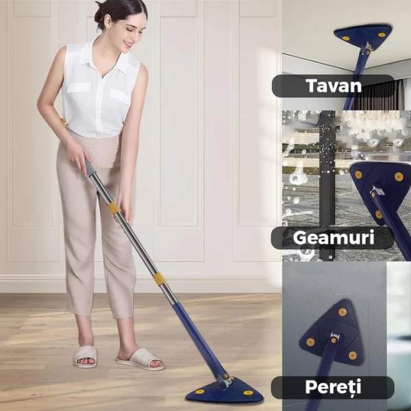 Mop cu Cap Triunghiular , rotire 360 grade, telescopic, curatare usoara, 4 lavete incluse, 127 cm, albastru/galben