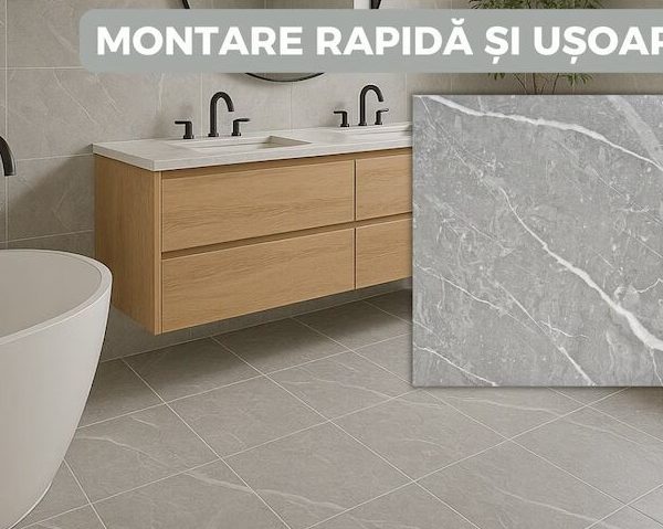 Set 24 placi autoadezive pentru podea, stil marmura gri deschis, PVC, 45, 7 x 45, 7 cm, grosime 1, 4 mm, Acoperire 5mp