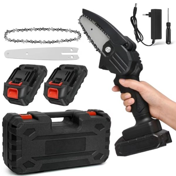 Mini Fierastrau Electric Portabil De Mana Cu Lant,, Cu Protectie Lant, 4 Inch, 24V, 2 Baterii, 2 Lanturi, Negru