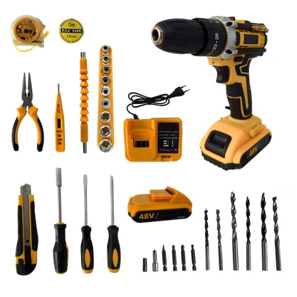 Trusa Bormasina cu Percutie, Autofiletanta, Portabila cu 30 Accesorii, 2 Acumulatori 48V, Cutie Transport Inclusa, Negru-Galben