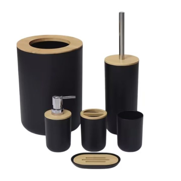 Set 6 accesorii pentru baie, abs-lemn, negru-maro, dispenser sapun lichid, suport periute si pasta de dinti, savoniera, perie de toaleta cu suport, cos de gunoi