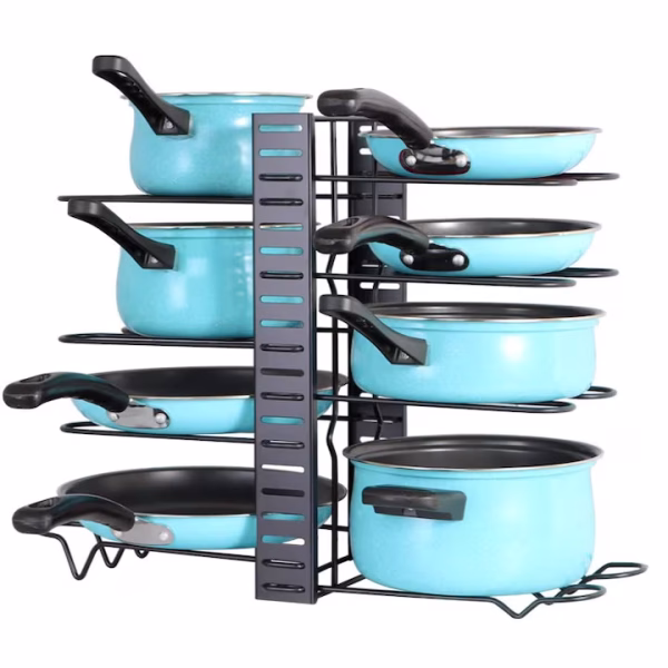 Suport vesela bucatarie ajustabil multifunctional cu 8 rafturi din metal pentru capace sau oale, protectie cauciuc, Negru