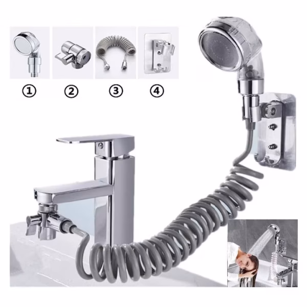 Extensie de dus multifunctionala ,furtun flexibil extensibil, cu suport adeziv usor de montat, cap de dus cu filtru stones,, argintiu