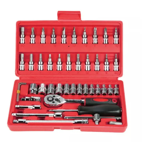 Trusa scule  46 piese chrome Vanadium ,pentru reparat masini, uz caznic si auto, surubelnita, tubulare, prelungitoare, cliche